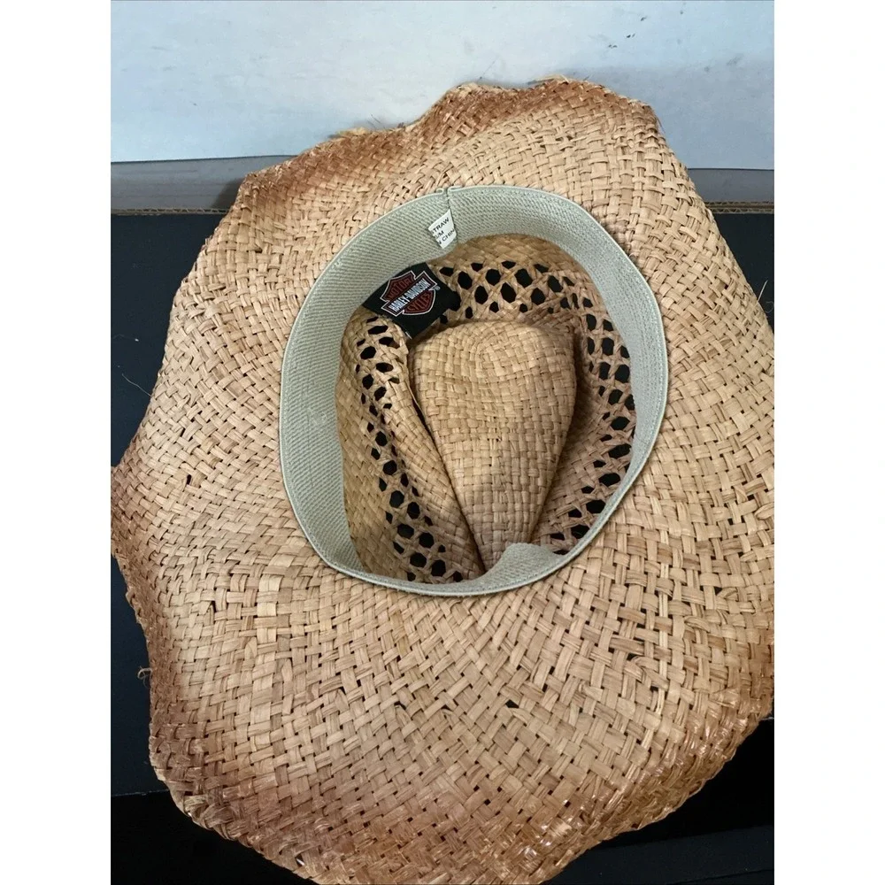 Harley Davidson Bend-Brim Straw Cowboy Hat F&M Hat Co Leather Band SZ S/M WORN